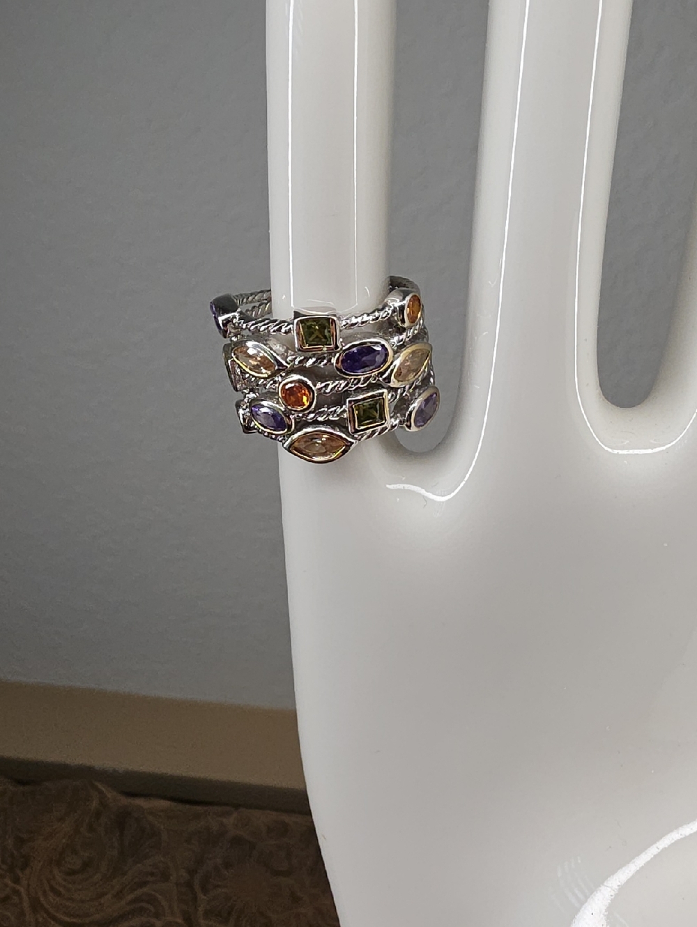 Vintage Multi-Color Confetti Oval Square Stone Multi Stack Silver Stackable Ring
